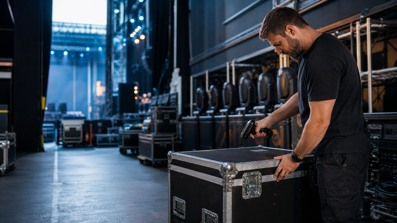 Technician scanning live event equipment in a warehouse