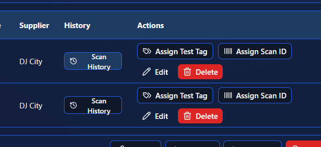 GigGoblin equipment actions for scan history, test tags and scan IDs